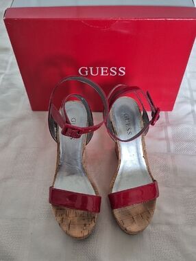 GUESS Red Patent Leather Cork Wedge Sandals